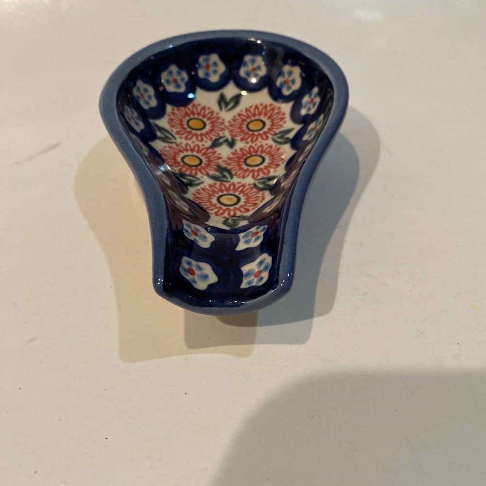 Polish Pottery Spoon Rest 5" Daisy Flower Pattern Blue Red Stamped Made Poland - Picture 4 of 4